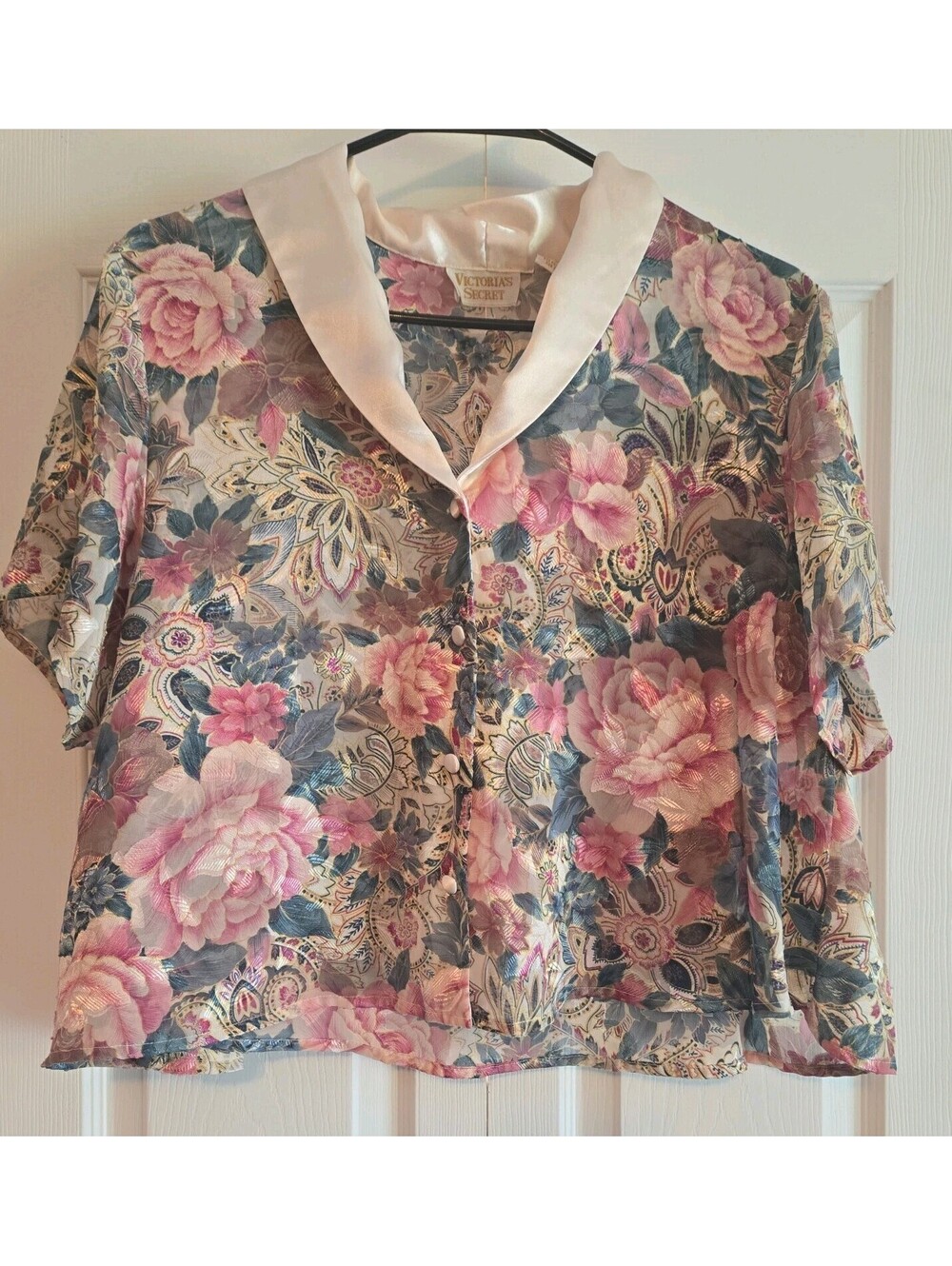 Vtg Victorias Secret Gold Label Sheer Button Down Floral Sleep Shirt Romantic